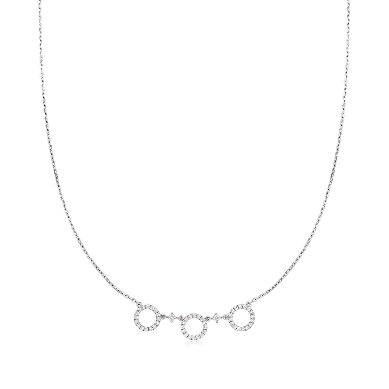 Three-circle diamond necklace on fine white gold chain, circular settings in a trio
