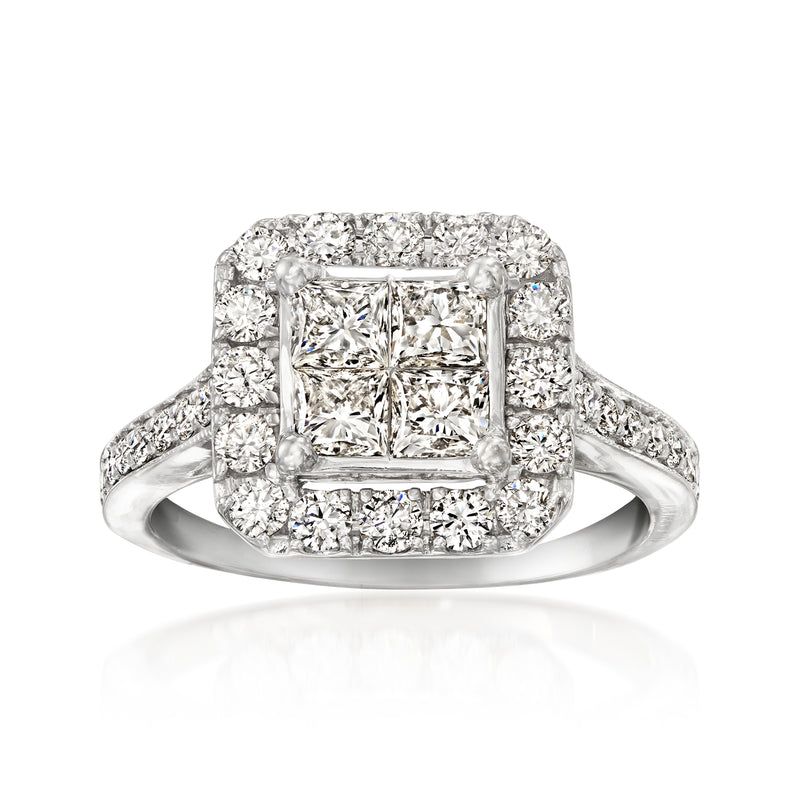 Vintage diamond ring in 14kt white gold with square halo and split shank