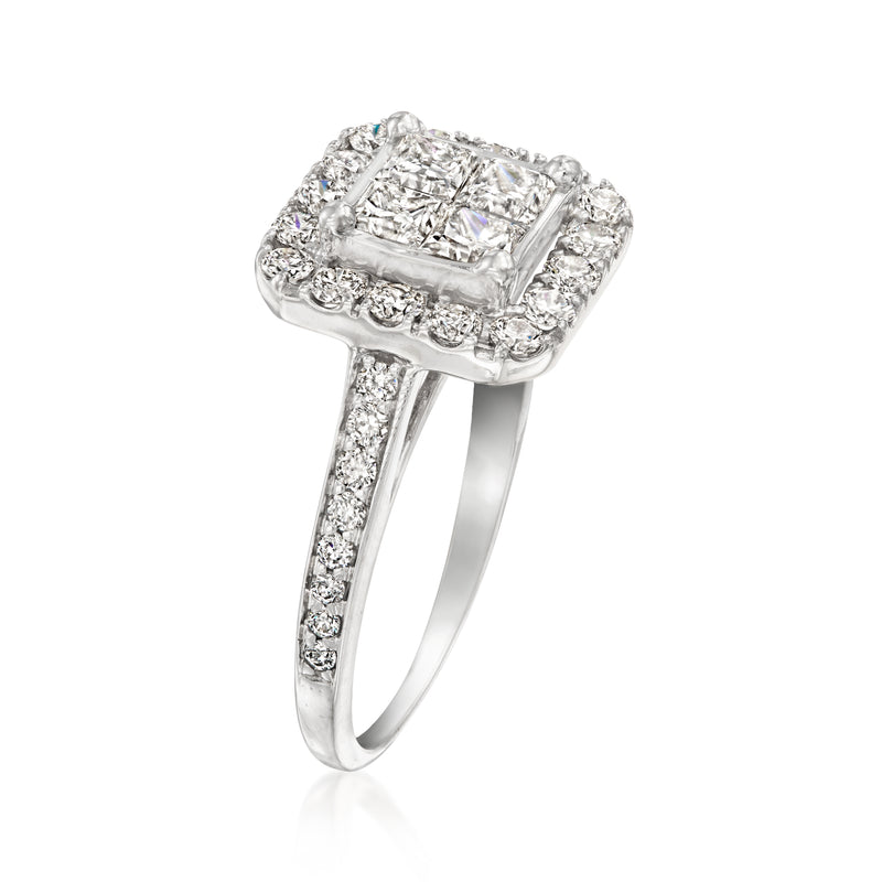 Vintage 14kt white gold diamond ring with square halo setting