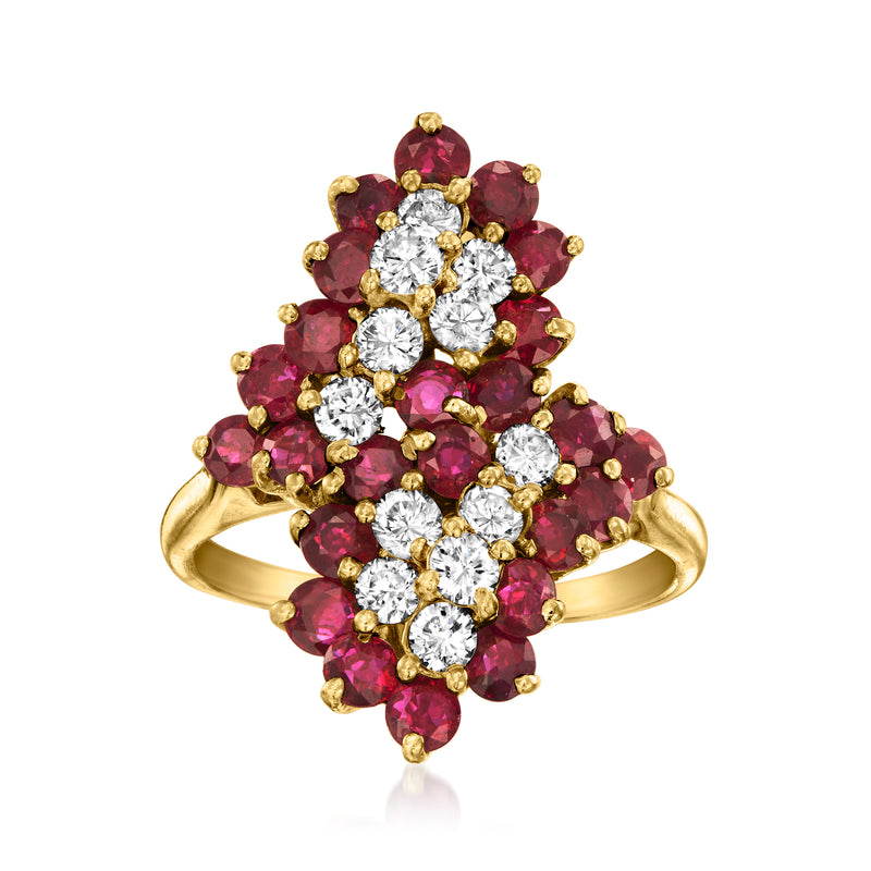 Vintage yellow gold ring with ruby and diamond cluster design