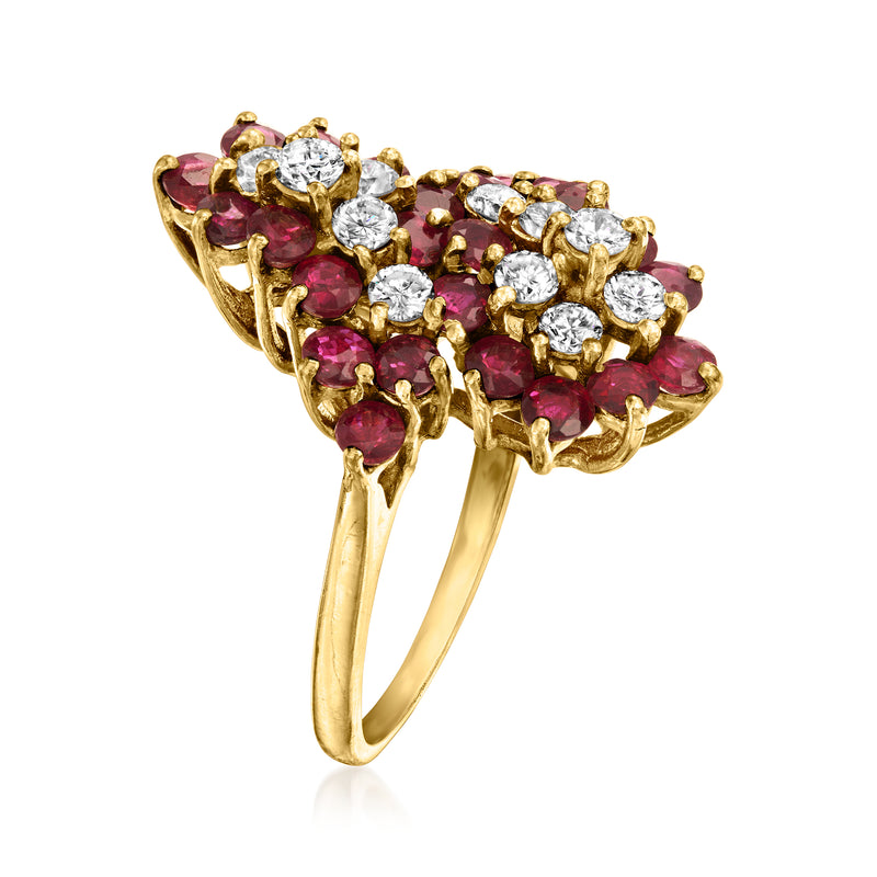 Vintage yellow gold ruby and diamond cluster ring, angled side profile