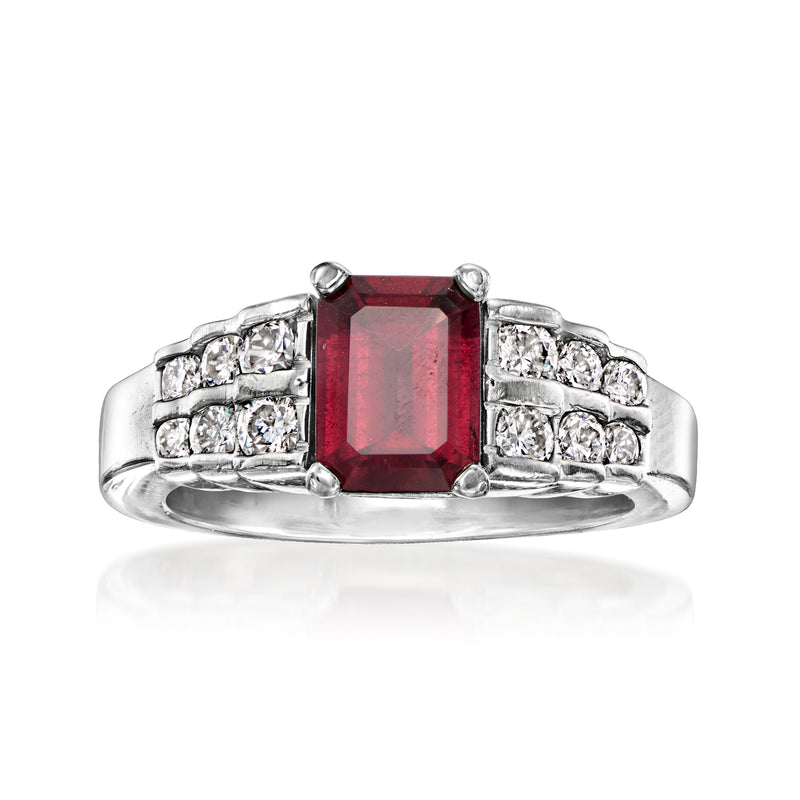 Platinum vintage-style ring with square red rhodolite gemstone and diamond side stones
