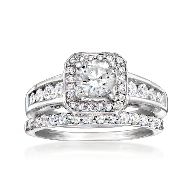 14kt white gold diamond bridal set with square center halo and matching band