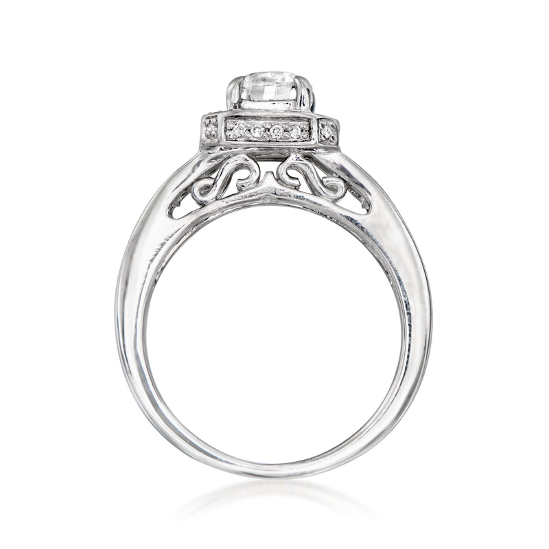 14kt white gold diamond engagement ring with ornate prong setting, front view
