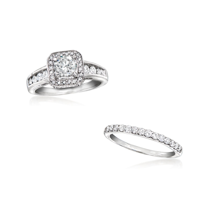 14kt white gold diamond engagement ring and curved diamond wedding band, side view
