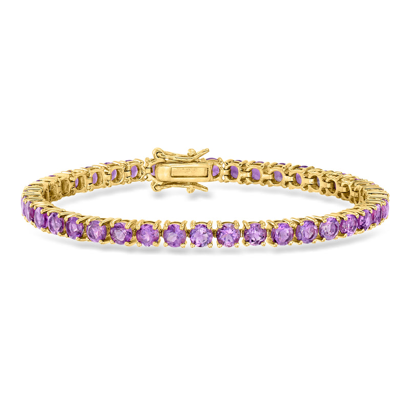Amethyst tennis bracelet in gold over sterling with purple round gemstones, hinged clasp