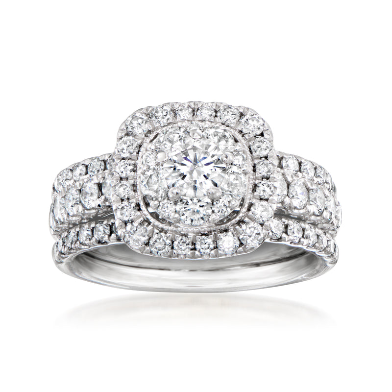 Vintage diamond cluster ring with halo and pave bands, white gold