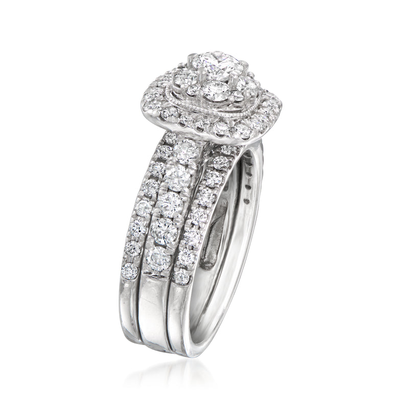 Vintage diamond cluster ring, side view with pave band, white gold