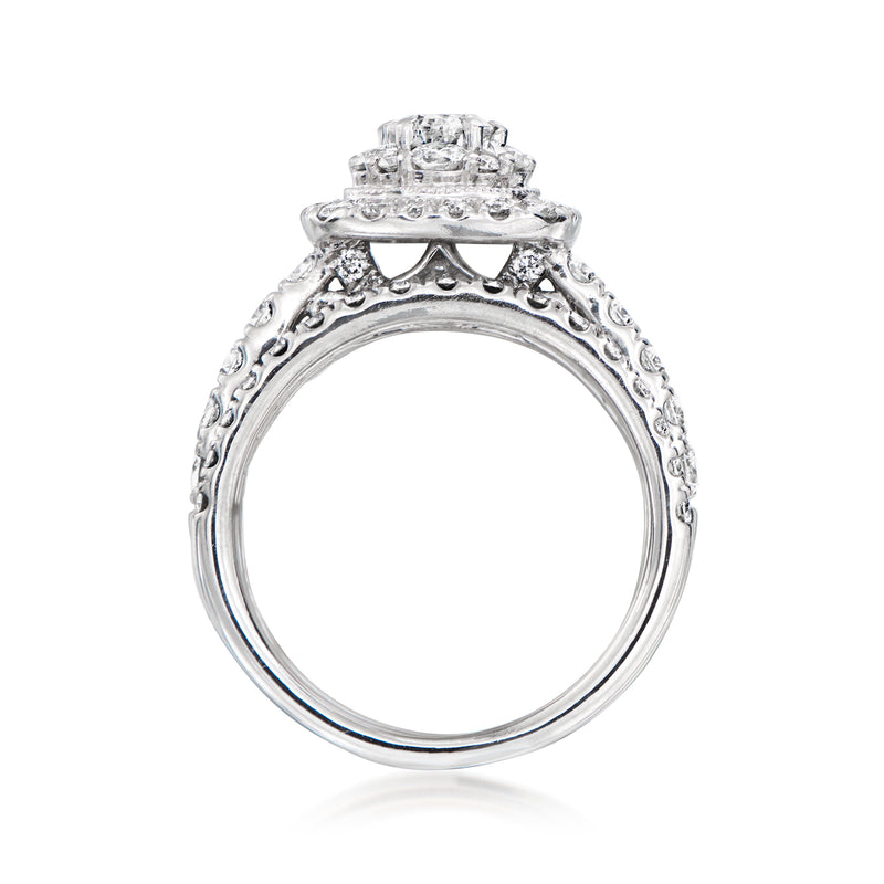 Vintage diamond ring with open gallery and halo cluster, white gold pave