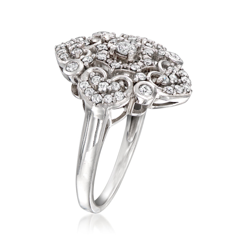 Vintage diamond openwork ring, arched top with detailed bezel settings, 14kt white gold
