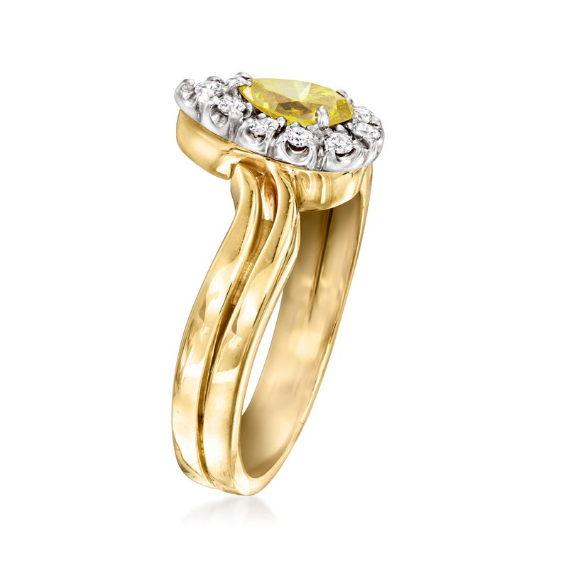 Vintage yellow diamond ring with white diamond halo on 14kt yellow gold band