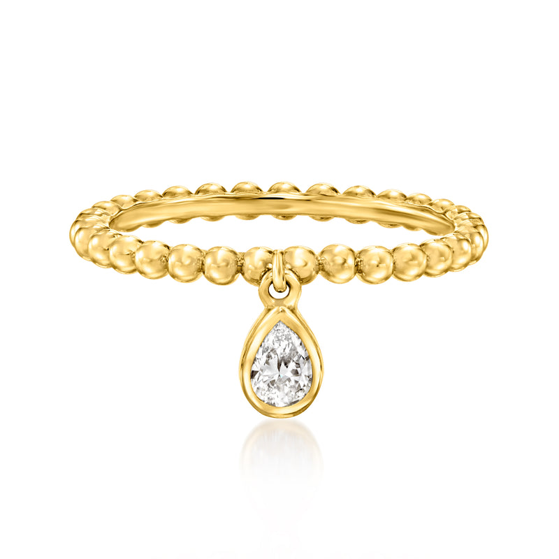 Gold beaded ring with teardrop gemstone charm and small round halo