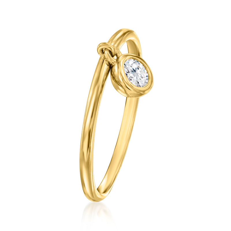 Gold lab-grown diamond charm ring, angled view, round bezel-set stone