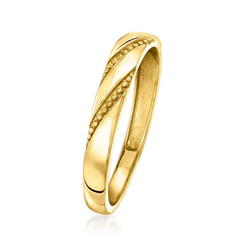 10kt yellow gold beaded stripe band ring, side view with diagonal dot accents