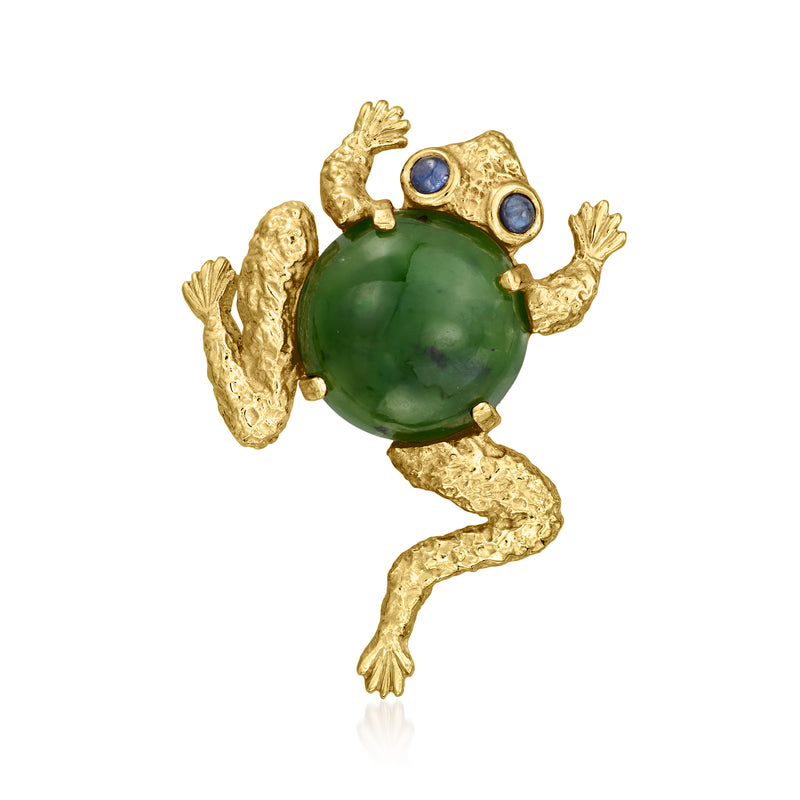 Gold frog lapel pin with green jade body and blue sapphire accents