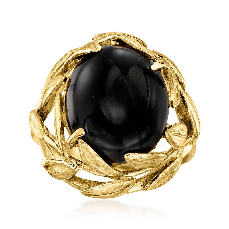 Vintage onyx leaf ring in 14kt yellow gold, oval black cabochon with leaf details
