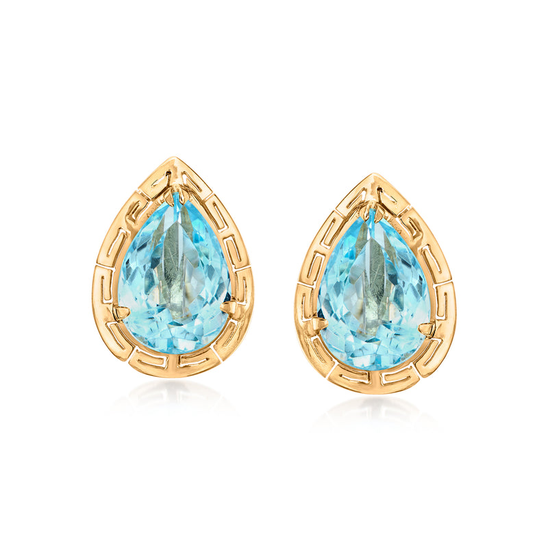 Yellow gold pear-cut blue topaz teardrop earrings, post style