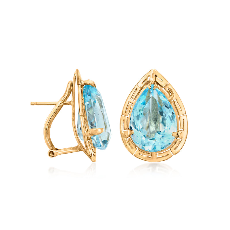 Yellow gold pear-cut blue topaz teardrop earrings with post backs