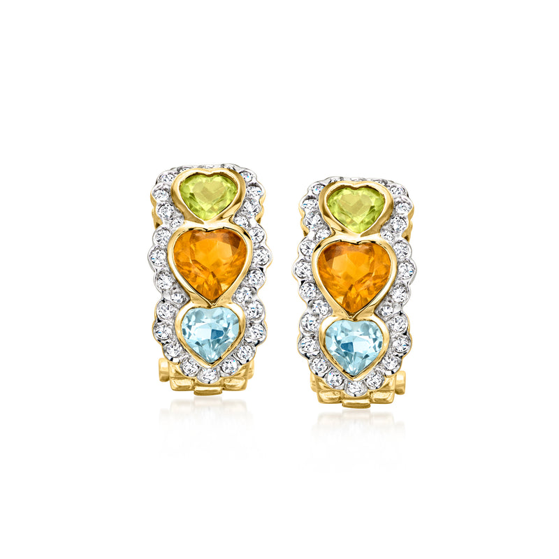 Heart gemstone earrings in 14kt yellow gold with diamond accents, multi-color hearts