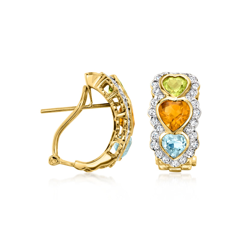 Curved heart earrings side view in 14kt yellow gold with multi-color gemstones and diamonds