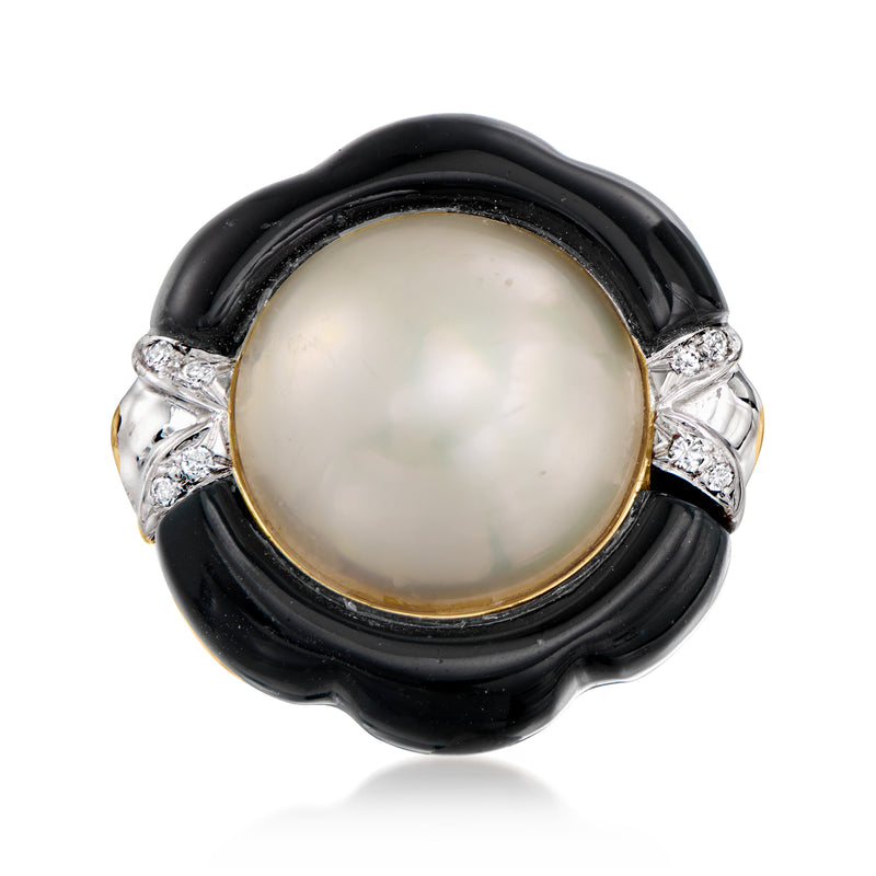 Cultured mabe pearl ring with black onyx-like setting, diamond accents, gold band