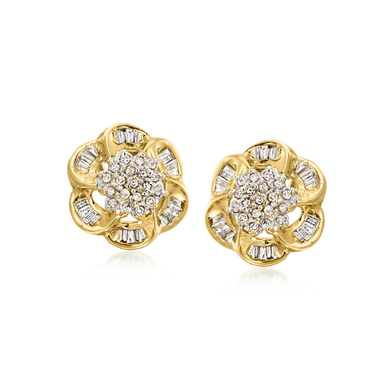 14kt yellow gold diamond flower stud earrings with round center and petal baguettes