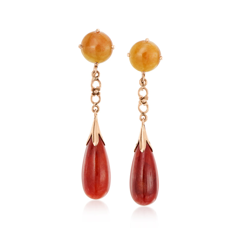 Coral drop clip earrings, rose gold tone: orange bead and red teardrop dangles