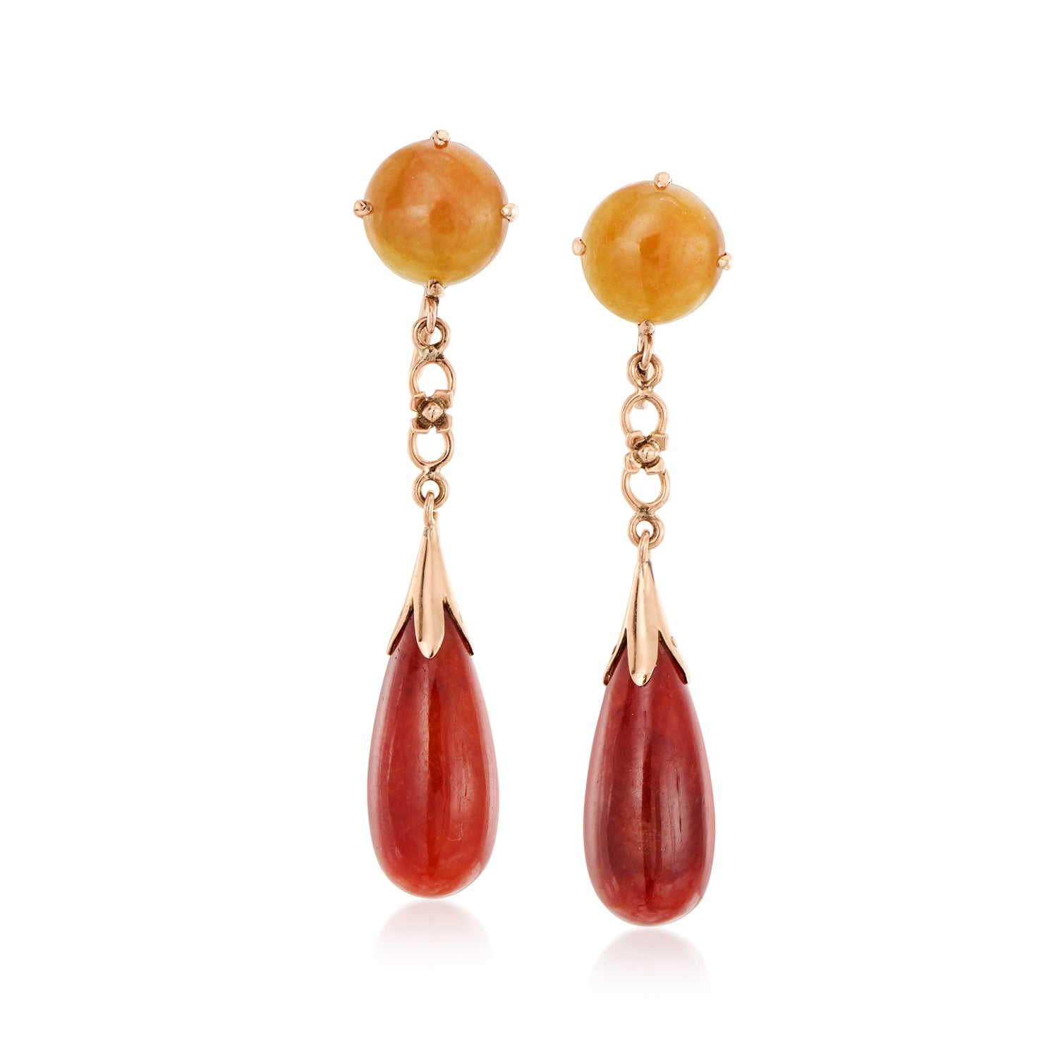 C. 1930 Vintage Red and Orange Coral Drop Earrings in 10kt Rose Gold