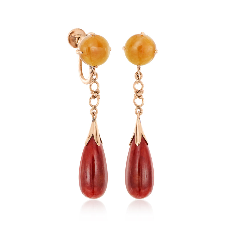Coral drop clip earrings, rose gold tone: orange beads with red teardrop drops