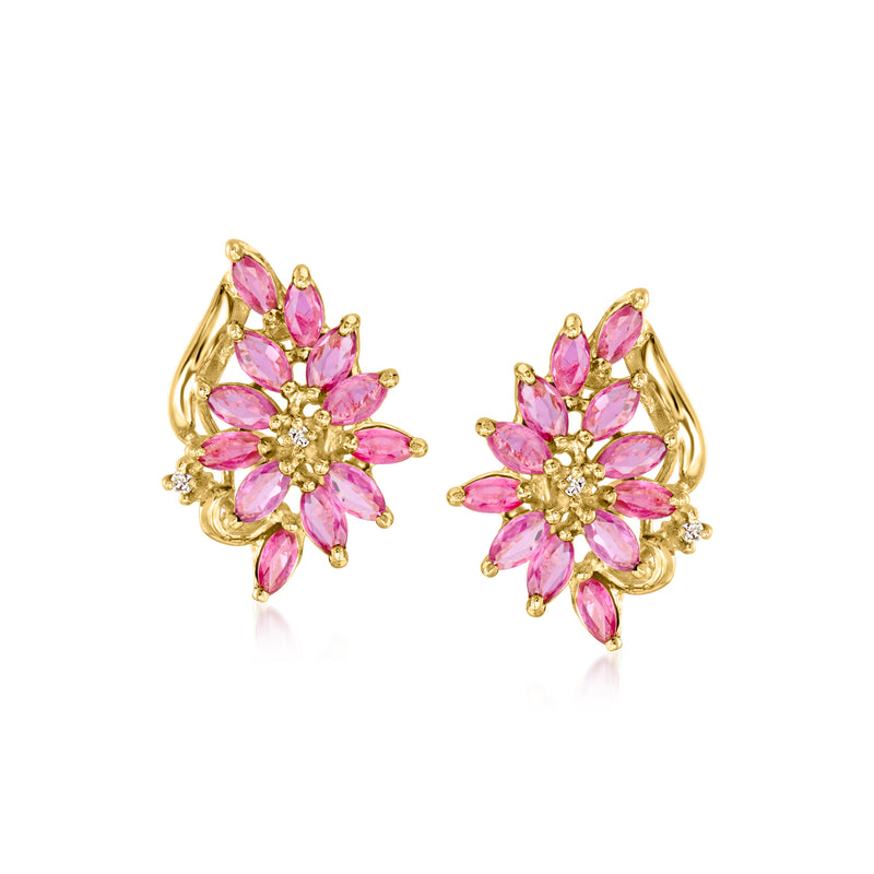 Vintage ruby cluster earrings with pink stones and diamonds, 14kt yellow gold, clip/post