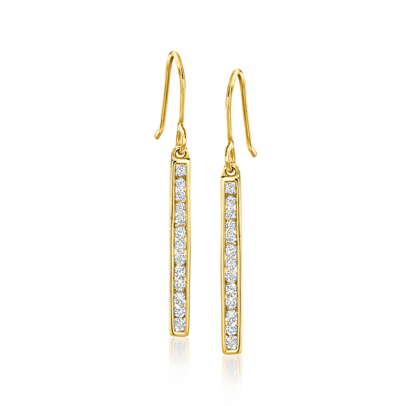Gold over sterling linear bar drop earrings with row of diamond accents and earwire hooks