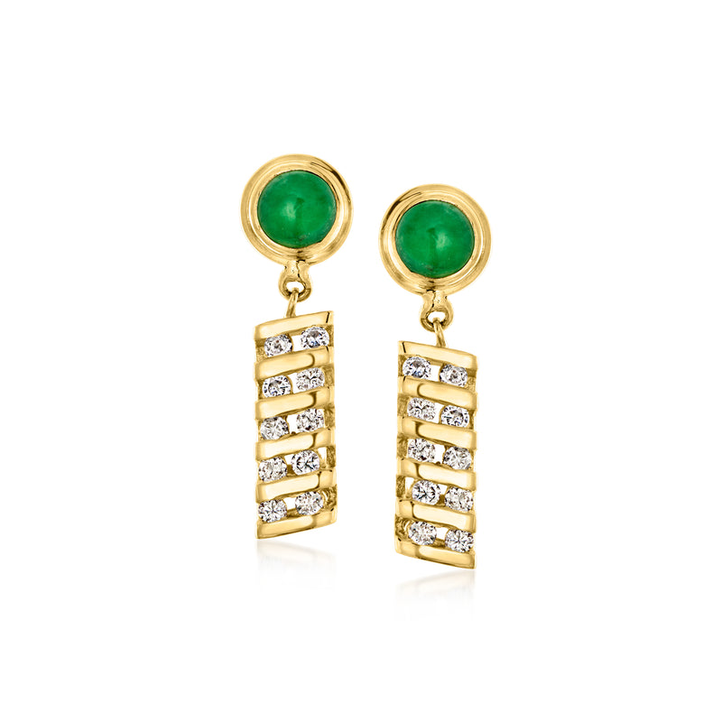 Vintage jade and diamond drop earrings in 14kt yellow gold, with round jade tops
