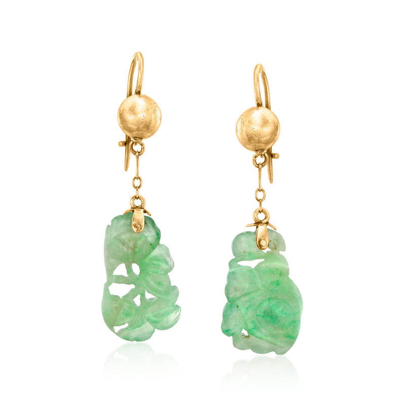 10kt yellow gold earwire jade drop earrings, carved green jade teardrops (pair)