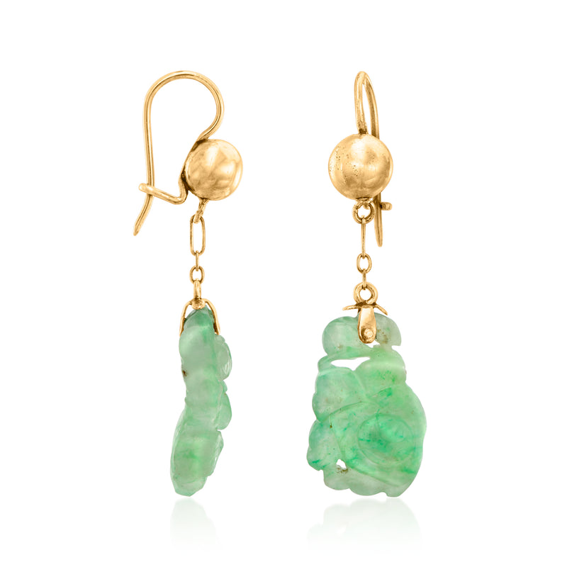 10kt yellow gold earwire jade drop earrings, carved green jade drop with chain