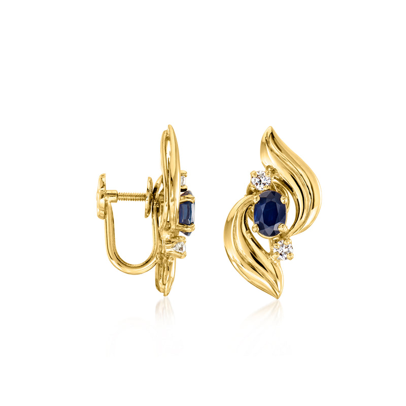 18k yellow gold clip earrings, swirl design with blue sapphire and diamond details
