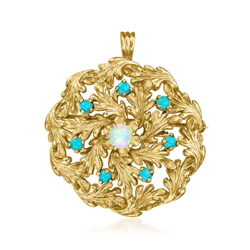 14k yellow gold circle leaf pin with opal center and turquoise accents