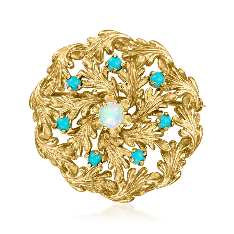 14k yellow gold round leaf pin/pendant with opal center and turquoise stones