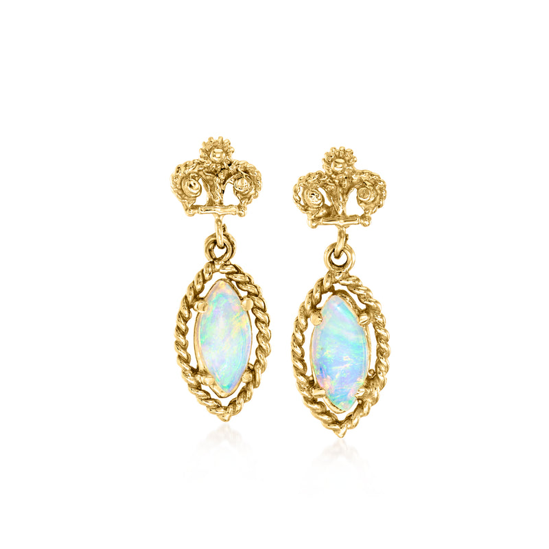 Vintage 14kt yellow gold opal drop earrings with oval opal and gold filigree setting