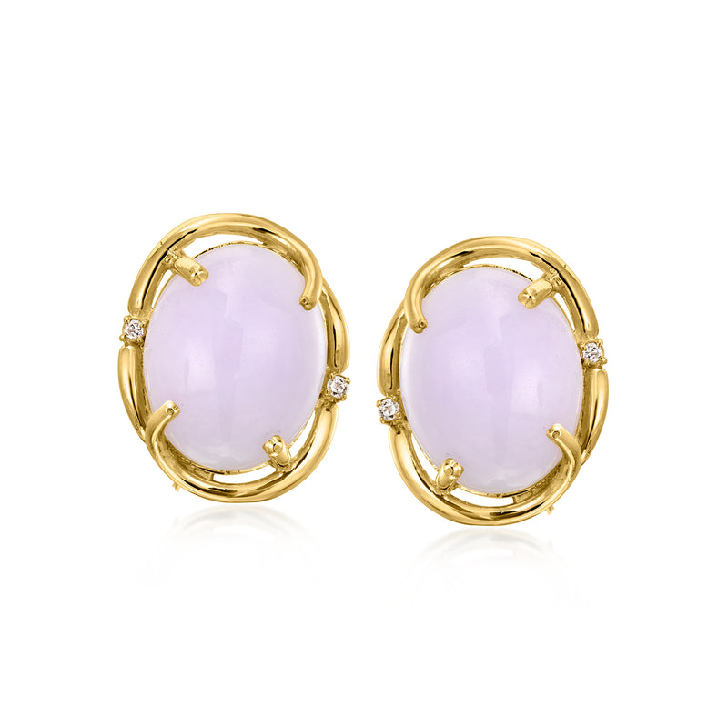 Lavender oval gemstone hoop earrings in 14kt yellow gold with diamond accents