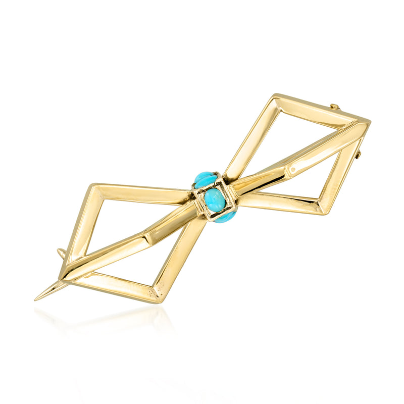 Geometric turquoise pin in 14kt yellow gold with rectangular bar settings and clasp