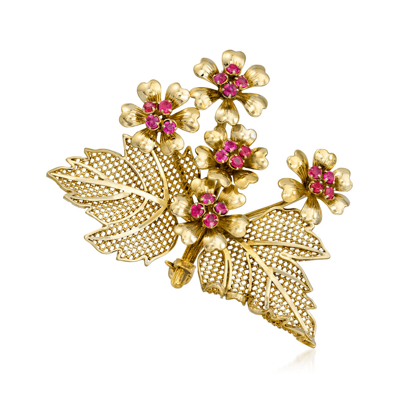 Vintage floral ruby gemstone pin in 14kt yellow gold with leaf and mesh settings