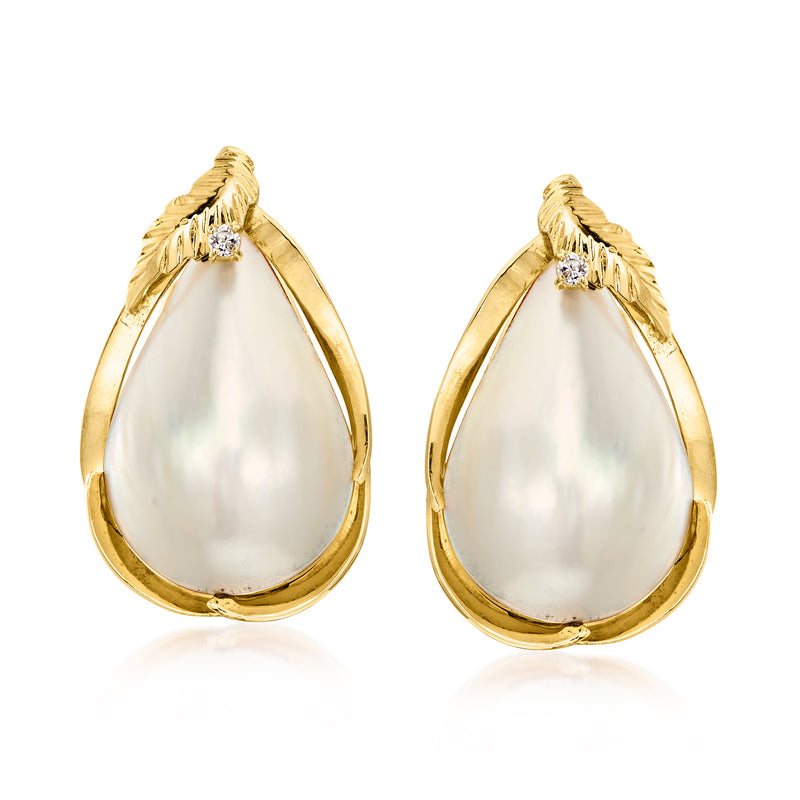 Teardrop mabe pearl hoop clip earrings, 14k yellow gold with diamond accents