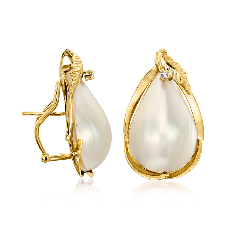 14k yellow gold mabe pearl hoop clip earrings with diamond accents