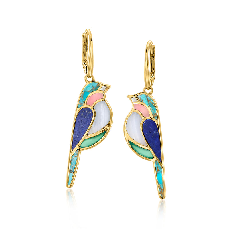 Gold bird drop earrings with leverback, blue, teal, purple and white accents