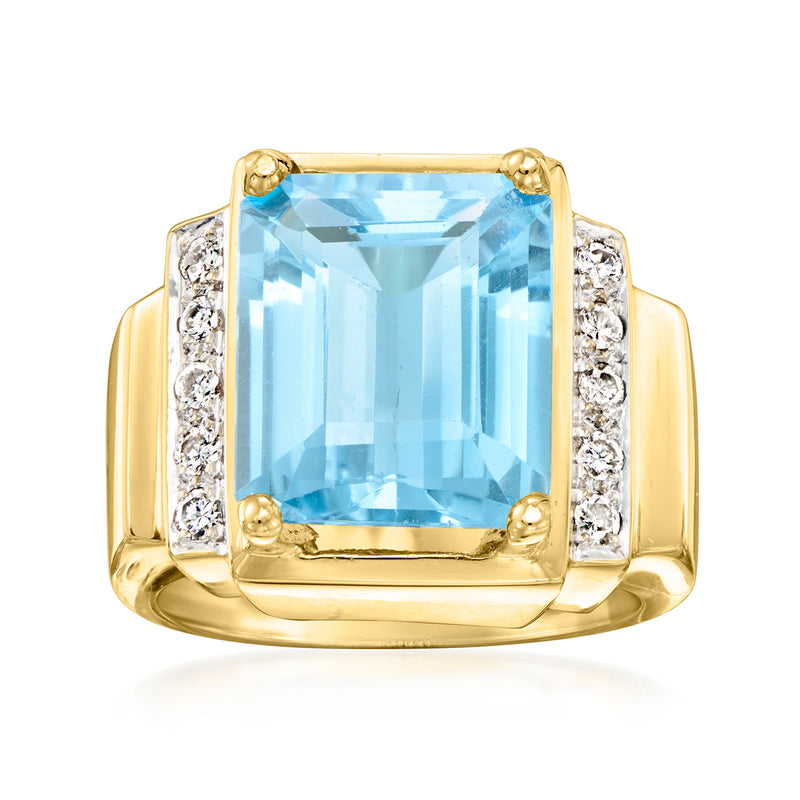 Vintage yellow gold ring with large rectangular Swiss blue topaz and diamond side accents