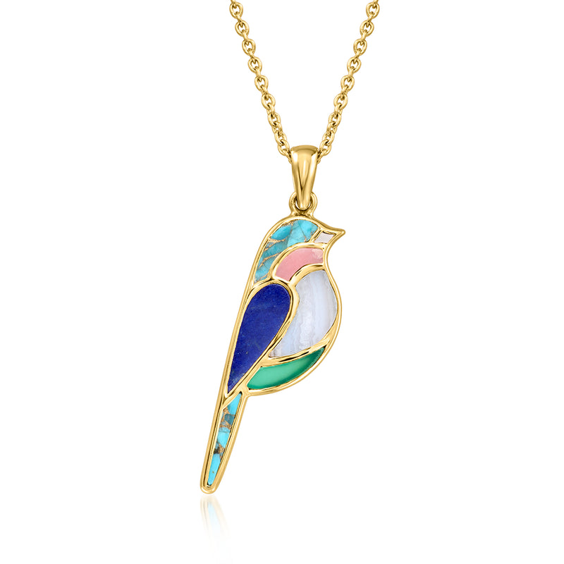 Gold bird pendant necklace with multicolor gemstone inlay on a fine chain