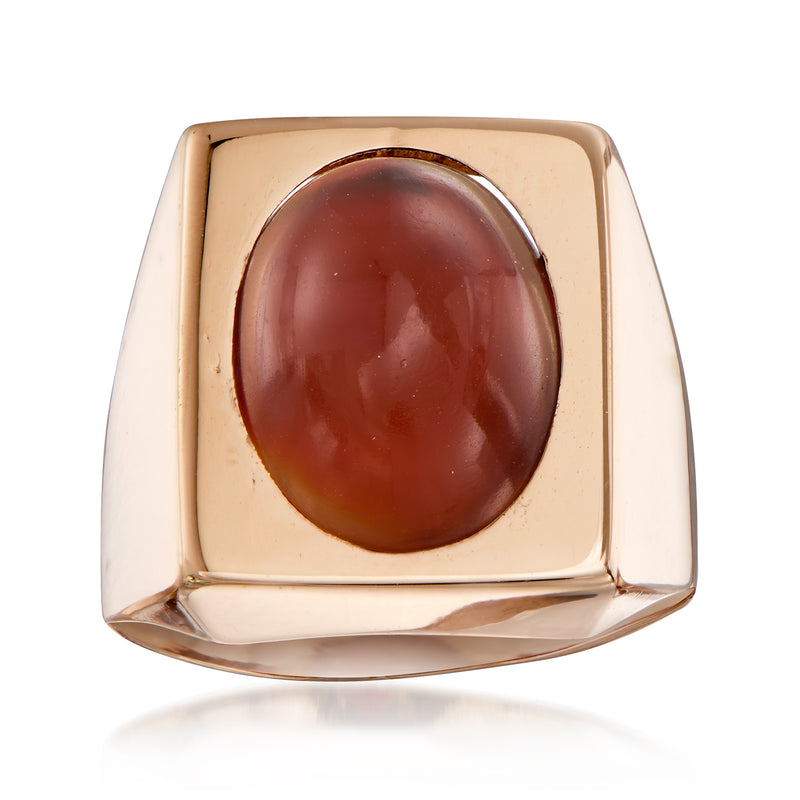 Vintage coral square-top ring in 14kt yellow gold, oval cabochon centerpiece