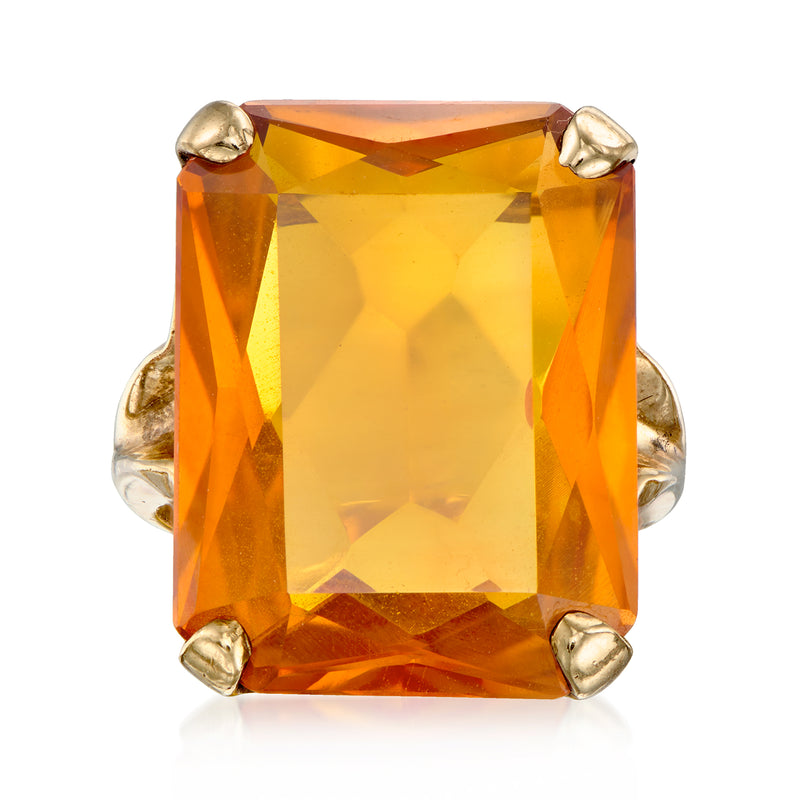 10kt yellow gold ring with square orange sapphire-style gemstone, four prongs
