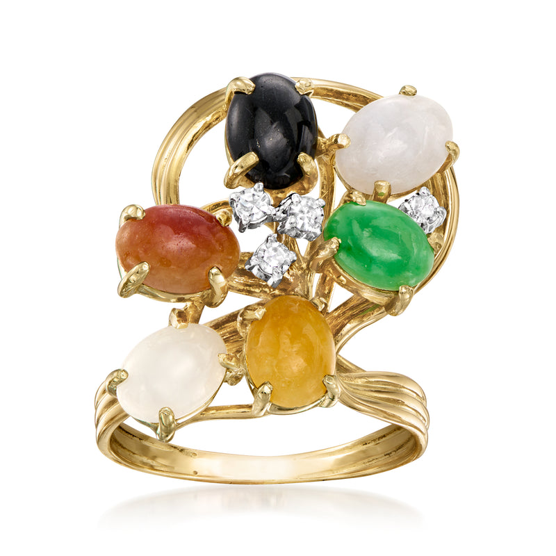 Vintage multicolored jade ring with diamond accents, 14kt yellow gold, five cabochons