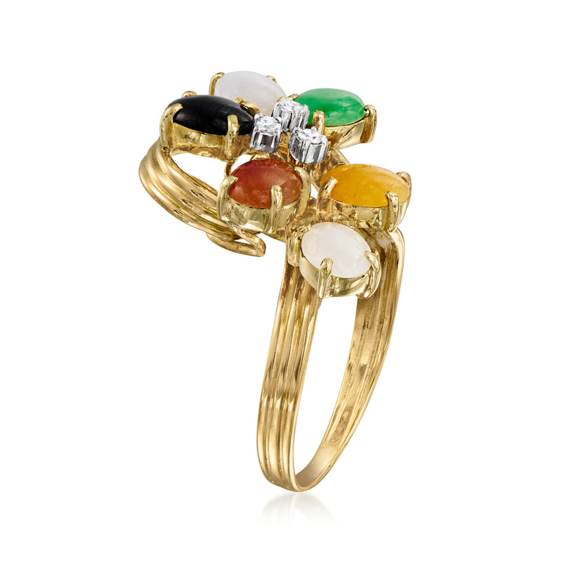 Vintage multicolored jade cabochon ring, diamond accents, 14kt yellow gold, side view